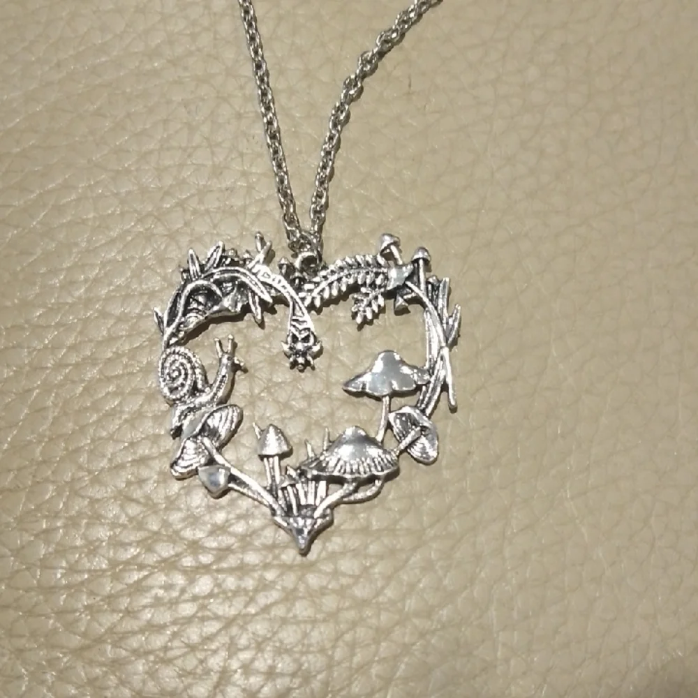 Detailed Heart Pendant With Snail And Mushrooms Necklace - Picture 1 of 4